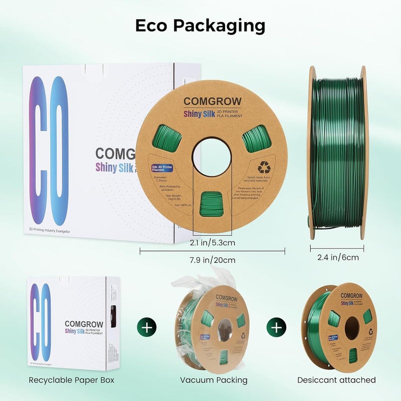 Comgrow Silk PLA 3D Printer Filament, Dual Color 2 in 1 Black and Green, 3D Printing PLA Filament 1.75mm, Dimensional Accuracy +/- 0.02 mm, 1KG Spool, Coextrusion Shiny Silk 3D Filament - Image 3